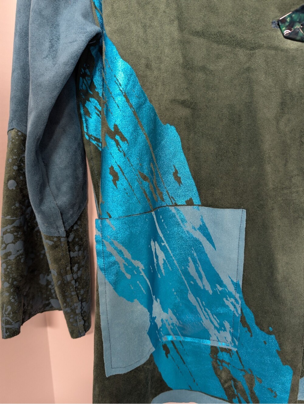 Lemon Grass Women's Teal/Blue Patchwork Jacket Mixed Media Metallic Design Small View 3